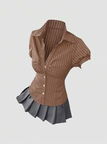 SHEIN Unity 经典美式复古黑白条纹短袖短款衬衫，修身设计，百搭女士 - 咖啡棕 - 查看 3