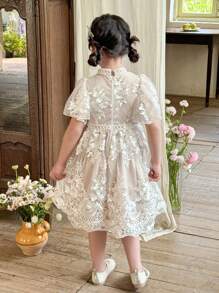 SHEIN Young Girls Floral Embroidery Tulle Ruffle Sleeve Cute Dress - Beige - View 2