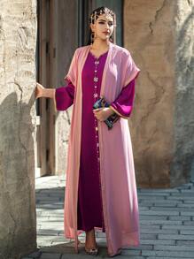 SHEIN Najma Modest Long Fabric Kaftan For Women: Pink Layered Design With Short Sleeves And Crystal Embellishments - Pink - View 5
