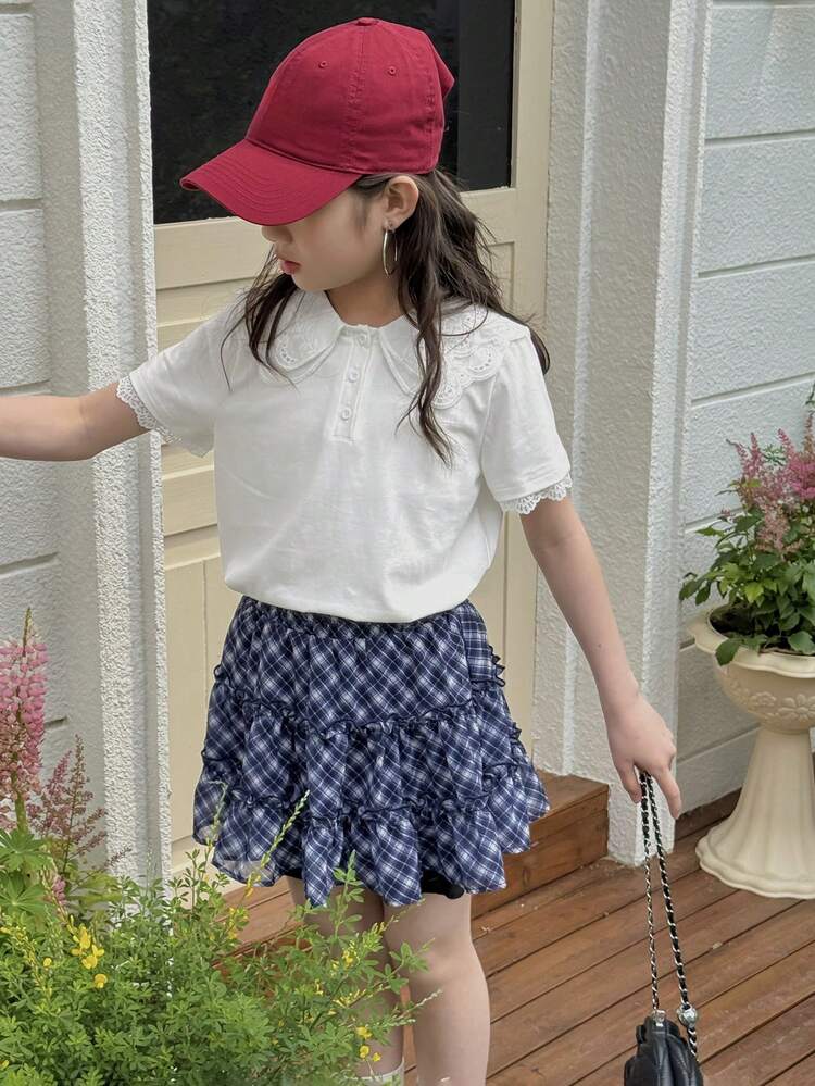 2pcs/Set Girls Lapel Knit Short Sleeve T-Shirt + Plaid Skirt, Cute Summer Outfit,Back To School Clothes
