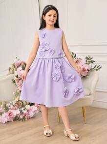 Conjunto de 2 piezas para niña preadolescente, compuesto por un chaleco sin mangas elegante con flores 3D moradas y una falda midi de cintura elástica, para el verano