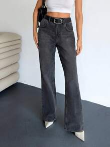 EURMUSE High Waist Flare Leg Jean Black Wash - Black - View 1