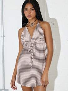 COUREZ Pink Stripe Baby Doll Dress With Front Tie /Summer Outfits For Women /Summer Dresses Going Out Outfits Casual /Y2K Vacation Holiday Cotton Cotton Vintage - Multicolor - View 2