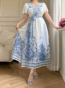 DAZY Women's Spring/Summer Blue & White Porcelain Printed Long Dress - Blue - View 6