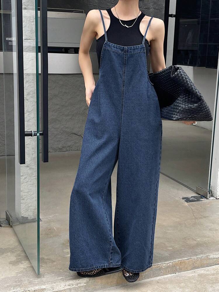 Women's Loose Wide Leg Denim Jumpsuit With Pockets, Casual