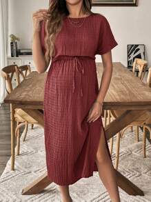 SHEIN Solid Color Textured Side Slit Maternity Vacation Casual Dress - Redwood - View 5