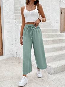 SHEIN Frenchy Bộ đồ đi nghỉ 2 món cho nữ: Áo ba lỗ thêu ren tương phản ngắn và quần, trang phục thường ngày mùa hè - Màu xanh Cadet - Xem 3