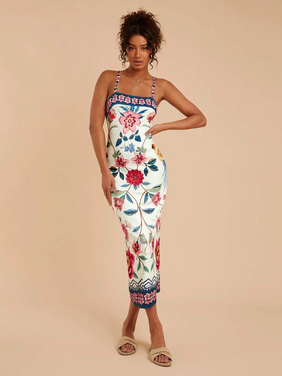 Travachic 春夏度假风针织印花修身中长款女士连衣裙，女士夏季服装，女士度假服装 - 彩色 - 查看 1