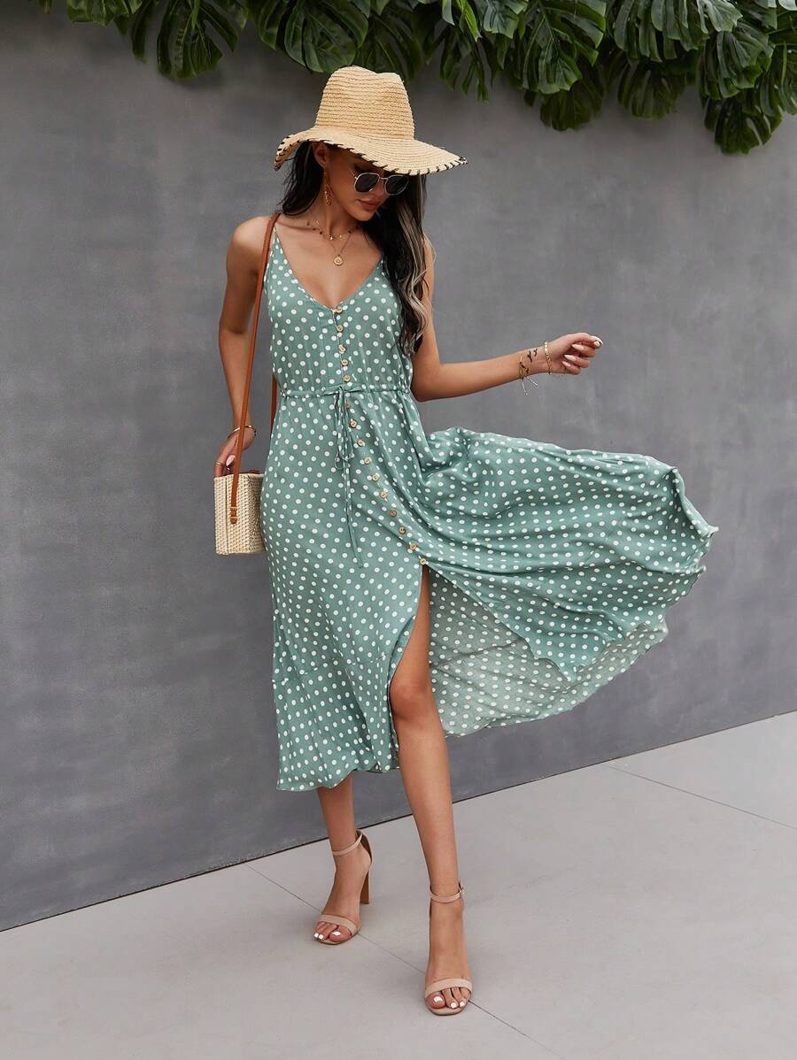 Breezaya Vestido de lunares con botones y cintura con cordón, vestido maxi de vacaciones estilo playa para mujer - Verde - Ver 1