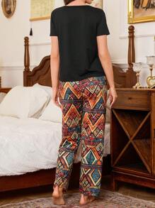 SHEIN Retro Minimalist Style Print Loose Women Pajama Set - Multicolor - View 2