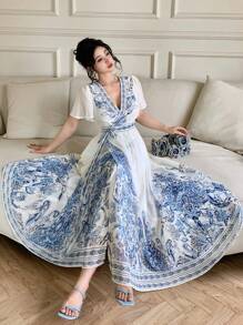 DAZY Women's Spring/Summer Blue & White Porcelain Printed Long Dress - Blue - View 8