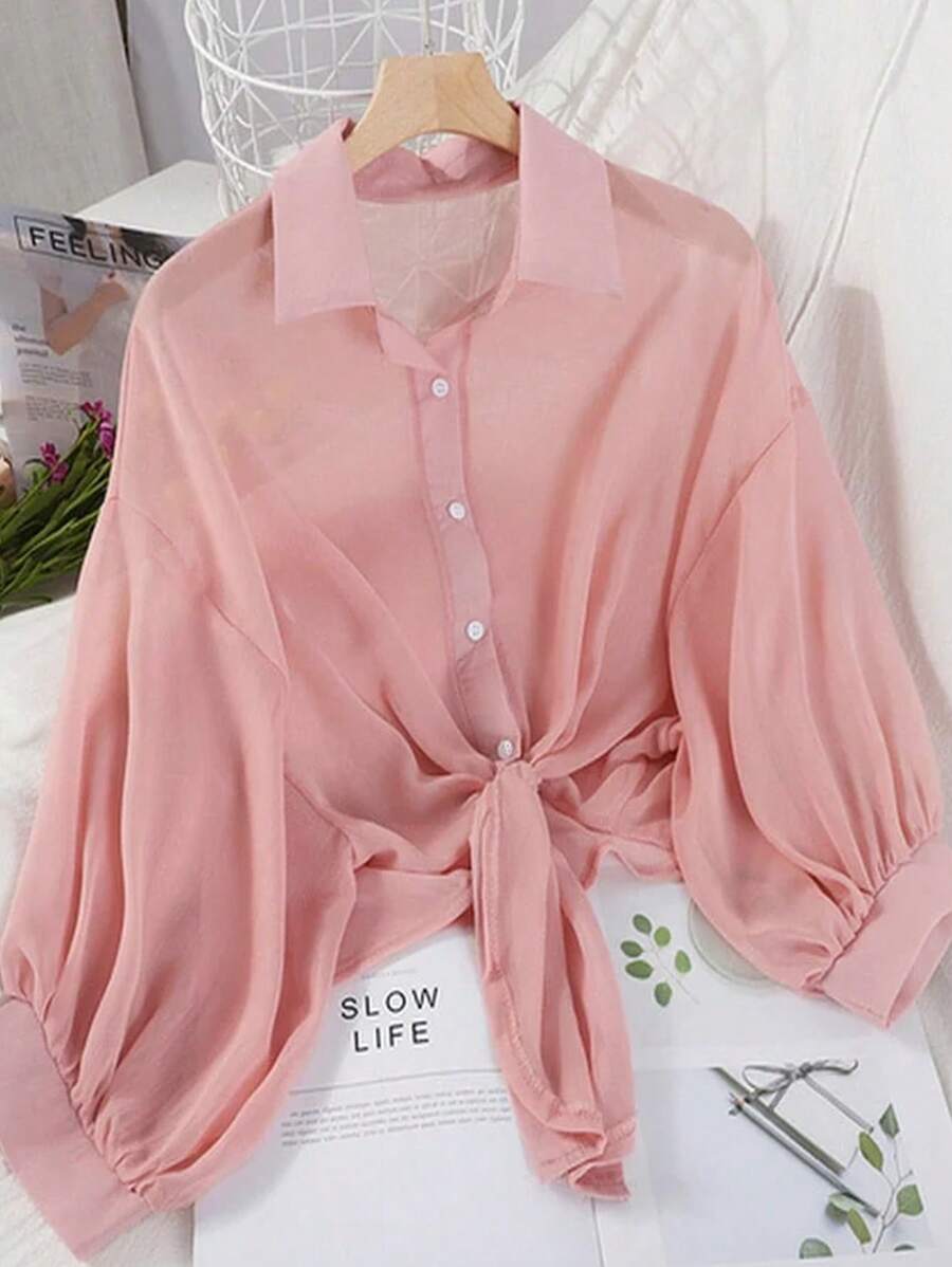 INAWLY 全新蝙蝠翼针织披肩开衫、短款休闲雪纺外套、纯色女式衬衫 - 粉色 - 查看 1