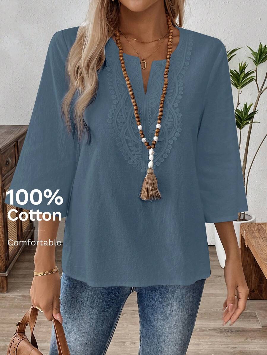 EMERY ROSE Women's Solid Color V-Neck Mid Long Sleeve Casual Tops, Simple Everyday Wear - Blue - View 1