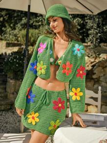 SHEIN Swim 2pcs/Set Floral Embroidered Vacation Jacket & Hat, Young Lady Holiday Suit For Summer - Green - View 2