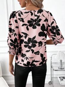 SHEIN Clasi Camisa casual para mujer con estampado floral, cuello redondo y manga abullonada, ideal para vacaciones