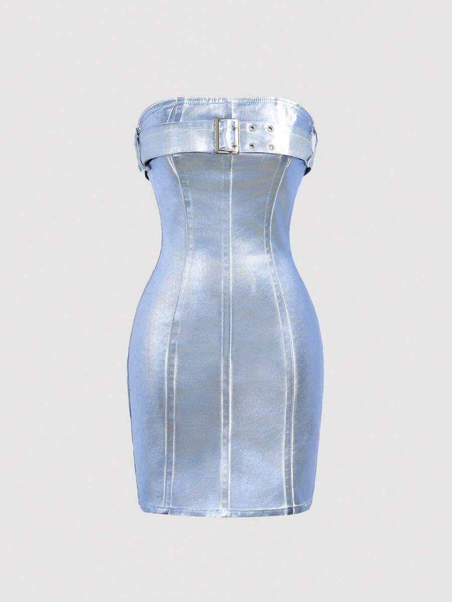 SHEIN EZwear 女士牛仔紧身迷你连衣裙,休闲露肩,蓝色 - 中等水洗藍 - 查看 1