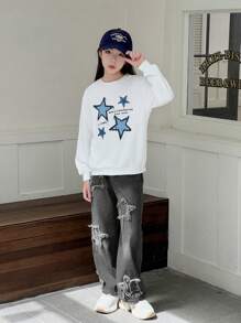 2pcs/Set Tween Girl Printed Sweatshirt And Straight-Leg Jeans Pants Outfit - Black - View 4