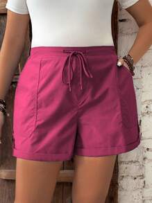 Calvaya Plus Size Women Solid Color Drawstring Waist Pockets Casual Versatile Shorts - Hot Pink - View 5