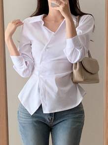 DAZY Asymmetrisches Design Langarm Raffung Taille Frauen Bluse