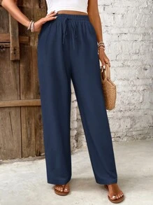 Pantalones rectos sueltos y casuales de unicolor con lazo en la cintura para mujer