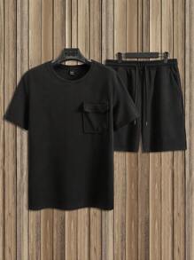 Manfinity Homme Men's Casual Solid Color Short Sleeve T-Shirt And Shorts Set, Summer Casual Two Pieces Set Men's Men T Shirt Co Ords
