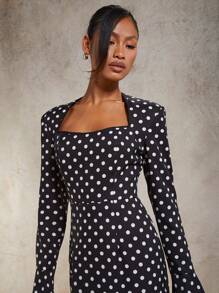 COSMINA Women's Elegant Polka Dot Waist Flare Sleeve Dress, Suitable For Spring/Summer Party/Vacation - Black and White - View 5
