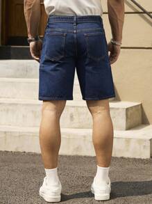 Manfinity Homme Pantalones cortos de mezclilla casuales de unicolor con bolsillo para hombre, apropiados para el verano - Azul lavado oscuro - Ver 5