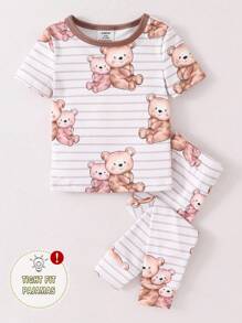 幼儿男孩简约条纹熊图案圆领短袖上衣和紧身裤 2 件套家居服套装 - 彩色 - 查看 1
