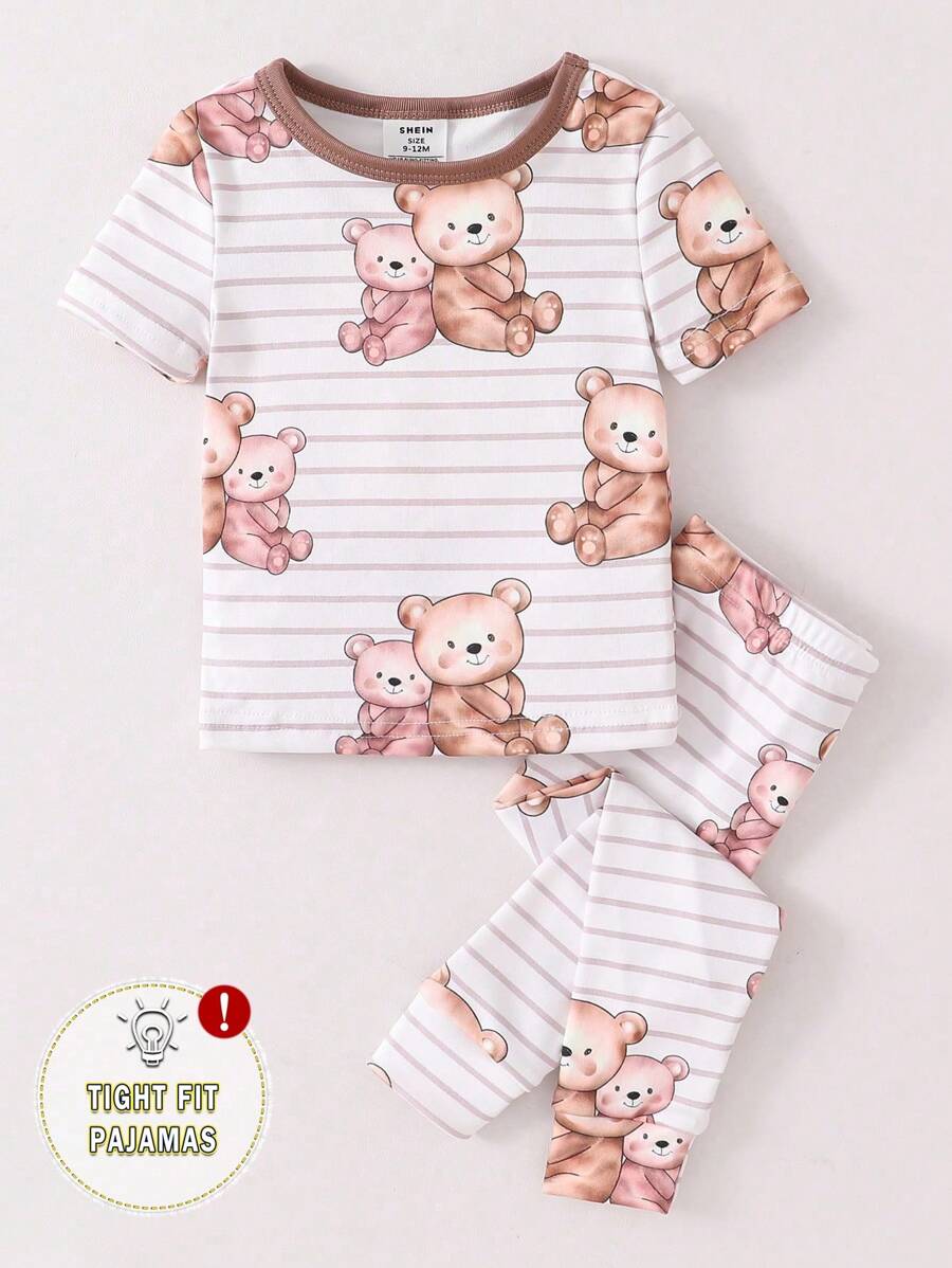 幼儿男孩简约条纹熊图案圆领短袖上衣和紧身裤 2 件套家居服套装 - 彩色 - 查看 1