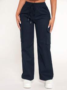 SHEIN PETITE Drawstring Waist Flap Pocket Cargo Trousers - Navy Blue - View 5