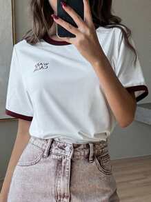 DAZY 撞色块字母印花圆领二合一短袖T恤女款 - 白色 - 查看 4