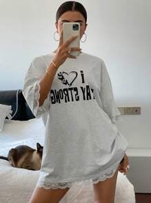 Livesso Women's Sweet Contrast Lace Letter Print Short Sleeve T-Shirt Cute Tops Oversized T-Shirt - White - View 3