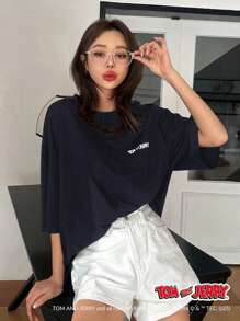 TOM AND JERRY X DAZY 宽松圆领字母印花长款休闲短袖T恤女可爱上衣超大码T恤，教师装学院风上衣