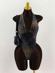 Amplova 深 V 领挂脖式纹理扎染紧身衣 - 卡其色 - 查看 3