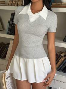 SHEIN EZwear Women's Color Block Ribbed Mini Dress, Casual Short Sleeve Summer - Grey - View 3