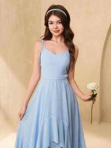 SHEIN Long Chiffon V-Neck Asymmetrical Hem Bridesmaid Dress, Suitable For Flower Girl, Teenager, Wedding, Party, Birthday