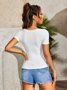 SHEIN PETITE Square Neck Short Sleeve Slim Solid Women T-Shirt - White - View 2