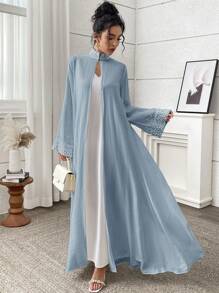 Yasmyna Women's Elegant Solid Color Beaded Decor Stand Collar Arabic Abaya, Modest Robe - Blue - View 1