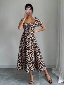 Elenzga Plus Size Women Leopard Print Off Shoulder Bowknot Tie Dress With High Slit