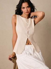 Poéselle 女士夏季休闲无袖纯色衬衫 - 杏色 - 查看 7