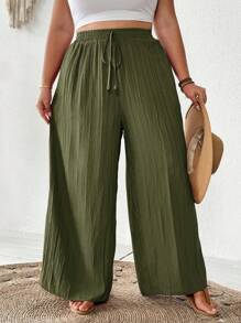 SHEIN CURVE+ Plus Size Summer Women Casual Beach Wear Fashion Office Lady Elegant Wide Leg Pants, Pocket Pants, Beach Holiday