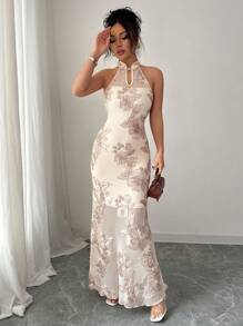 Chiquease Elegant Women's Chinese Style 3D Mesh Embroidered Fish Tail Midi Dress - Apricot - View 5