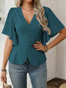 SHEIN Clasi 女式简约 V 领纽扣装饰荷叶边肘袖 A 字休闲衬衫，优雅办公室通勤度假风格，春夏 - 水鴨藍 - 查看 7