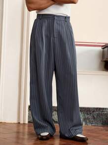 SWAVVY Pantalones casuales rectos de hombre con ajuste holgado y rayas en color azul-gris pálido, para atuendos de verano, uso escolar