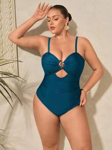 Swim Oasis Plus Size Solid Color Hollow Spaghetti Strap One-Piece Swimsuit With Skirt - Teal Blue - View 5