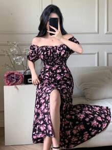 DAZY Summer Ditsy Floral Vacation Beach Dress With High Slit Waist, Flowy Relaxed Dress For Women Easter Boho - Black - View 3