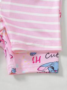 4pcs/Set Infant Baby Girls Striped & Multicolor Cartoon Teddy Design Soft Stretchy Short Sleeve Romper & Shorts Pajamas Set, Summer Mother Day Gift Graduation Gift Summer Clothes Snug Fit Tight Fit Pajamas