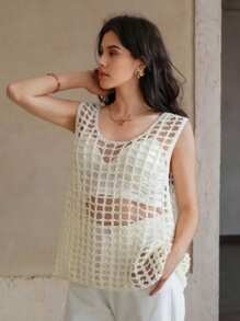 DAZY Solid Color Round Neck Sleeveless Sheer Hollow Out Pullover Sweater Vest - White - View 4