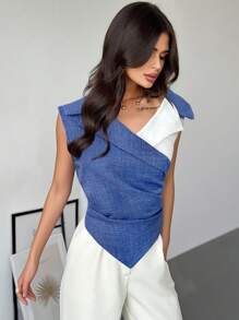 Firerie Blusa elegante y sencilla sin mangas de color azul y blanco de corte asimétrico, adecuada para ir al trabajo, uso diario y vacaciones