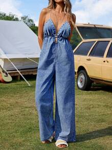 Breezaya 女式度假休闲露背吊带牛仔连体裤 - 深色水洗藍 - 查看 5